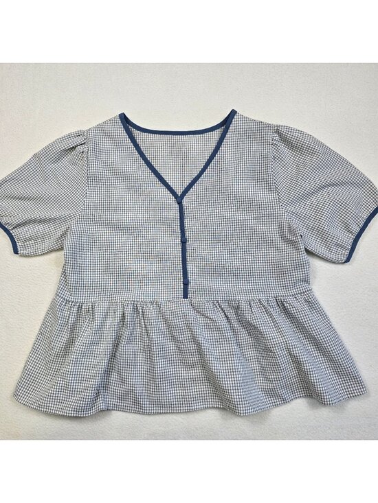 Tops - Blue Checkered Short Sleeve Peplum Blouse Large V-Neck Cottage Core